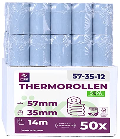 ÖKO EC-Cash-Rollen - Thermorollen 57mm x 14m x 12mm - Kassenrollen - Thermopapier - Bonrollen für Bankomat - Kredit-Kartenlesegeräte (57x35x12) - mit SEPA-Lastschrifttext (50 Rollen)