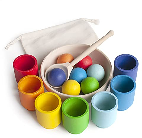 Ulanik Regenbogen Bälle in Tassen Montessori Spielzeug Holz Sorter Spiel 7 Bälle 30mm Alter 1+ Farbe Sortierung und Zählen Vorschule Lernen Bildung