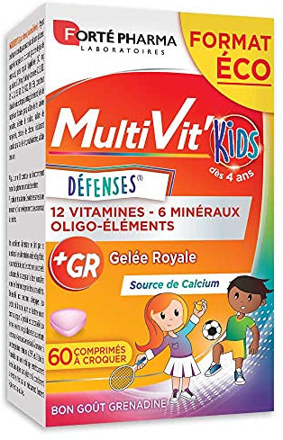 Forté Pharma - Multivit Kids | Complément Alimentaire Forme et Tonus - Enfants de 4 ans et plus - 12 Vitamines et 6 Minéraux - Renforcé en Gelée Royale et Calcium | 60 comprimés à croquer