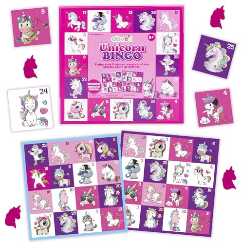 abeec Unicorn Bingo-Spiel - Magisches Kinder-Brettspiel ab 5 Jahren - Inklusive Bingo-Bretter, Callout-Karten, Zähler & Aufbewahrungstasche - Lustiges Einhorn-Geburtstagsparty-Spiel