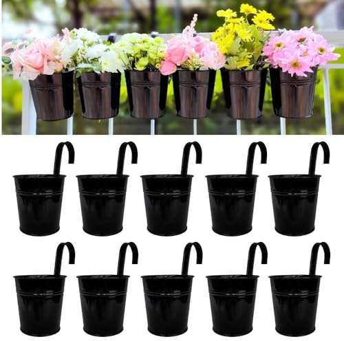 LaLaGreen Small Hanging Planters - 10 Pack, 4 Inch Black Metal Bucket Small Flower Pots for Outdoor Outside, Balcony Railing Hanging, Cute Garden Decor Rail Wall Farmhouse Rustic Deck Porch Succulent
