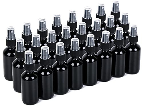 YONKAN 2oz Glass Spray Bottle, Fine Mist Boston Glass Bottles with Black Fine Mist Sprayer Small Clear Bottles for Essential Oils, Bath, Beauty, Hair & Cleaning, UV Black, Pack of 24