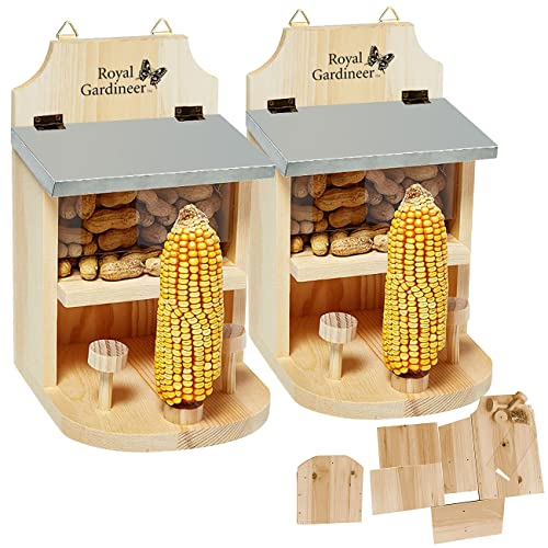 Royal Gardineer Natur-Holzbausatz Kinder: 2er-Set Eichhörnchen-Futterhaus, Maiskolbenhalter, Metalldach, Bausatz (Eichhörnchen-Futterhaus wetterfest, Eichhörnchenfutterstationen, Futterautomat)