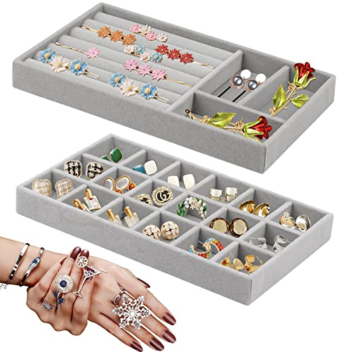 Huanmin Organisateur Bijoux Tiroir,Plateau Bijoux Velours pour Tiroirs,Plateau Bijoux, Pour ranger et présenter des boucles d'oreilles&des colliers& des bagues,2 pièces (Gris)