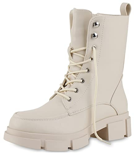 VAN HILL Damen Schnürstiefeletten Leicht Gefüttert mit Blockabsatz Plateau Vorne Profilsohle
