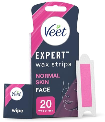 Veet Expert Cold Wax Strips for Face, Normal Skin, 20 Count with 4 Shea Butter Finish Wipes - Effective Hair Removal Solution