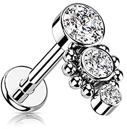 Treuheld® Labret Piercing mit 3 Kristallen und Verzierung | 2 Größen | 4 Farben