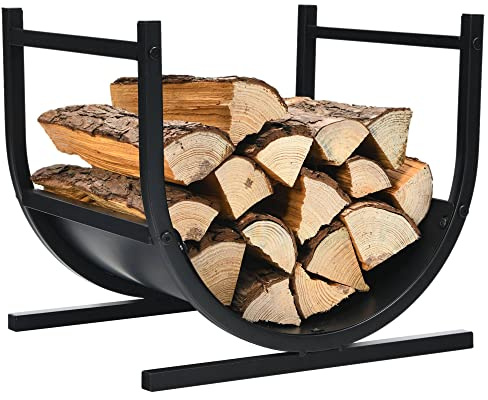 COSTWAY Metal Firewood Log Holder, U-Shaped Firewood Rack with Carrying Holer and Stable Base, Indoor Outdoor Fireplace Wood Storage Shelf for Fireside Patio Garden