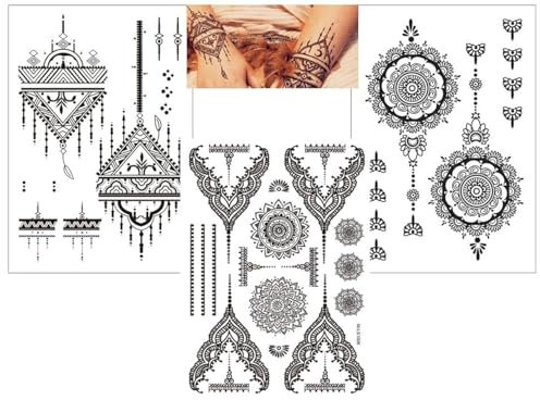 3 fogli di tatuaggio temporaneo a mano con mandala, tatuaggio finto tatuaggio nero