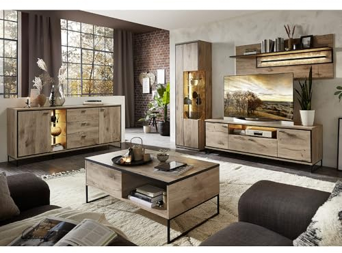 Lomadox Wohnmöbel Set Wohnwand braun 5-teilig Modern, 1 Couchtisch, 1 Vitrine, 1 Sideboard, 1 Lowboard, 1 Wandboard