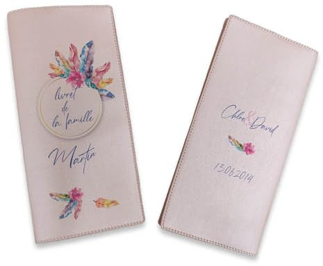 Livret de Famille personnalisé, idée cadeau personnalisable, cadeau mariage original, Protège Livret de Famille motif Plumes de couleurs - SP0110a (Nacré Rose)
