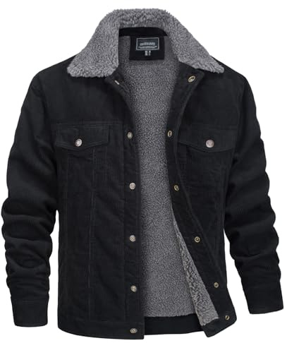 MAGNIVIT Men Windproof Sherpa Jacket Lapel Cargo Corduroy Jacket with Adjustable Cuff Cowboy Heavy Coat Black L