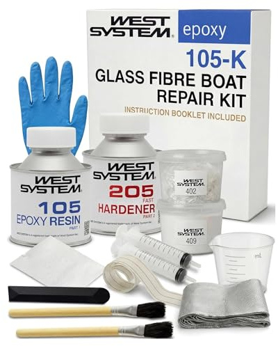 WEST SYSTEM 105-K Kit Réparation Fibre de Verre Carrosserie – Résine Époxy avec Durcisseur, Adhésif Bi-composant Marine pour Bateaux – Inclut Gants, Brosses, Seringues, Bande Verre et Matériel
