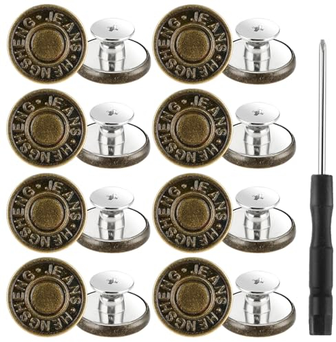 16 Stück Jeans Knöpfe mit Nieten & Schraubendreher, 17 mm, Druckknöpfe Ohne Nähen - Hosenknöpfe zum Stecken, Hosenbund Enger Machen, Knöpfe Metall, Ersatz für Hosenknöpfe, Jeans, Kleidung, Taschen