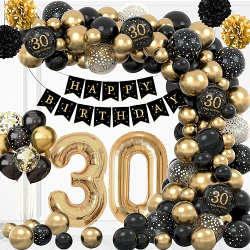 AivaToba 30. Geburtstag Deko: Schwarz Gold Konfetti Luftballons, Banner, Pom Poms & mehr