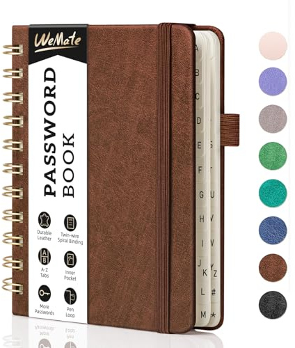 WEMATE Spiral lösenordsbok med alfabetiska flikar, litet lösenordsbok för seniorer, internetlösenordsanteckningsbok inbunden lösenord manager dagbok A6 – 12 x 15 cm (brun)
