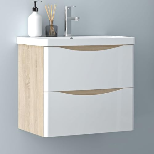 Biubiubath Eiche Weiß Badezimmerschrank 60cm Mineralgusswaschbecken mit Unterschrank Badmöbel-Set 2 Soft-Close Schubladen Hängend