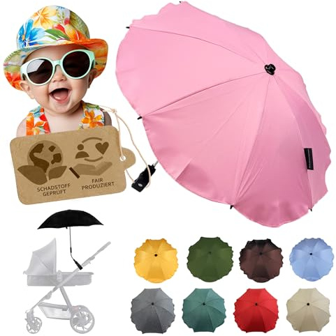 BambiniWelt by Rafael K. Sonnenschutz universal [Sonnenschirm für Kinderwagen] Buggy UV Schutz 50+ mit Universalhalterung biegsamer Schirm für Rund- und Ovalrohre verstellbar (rosa)