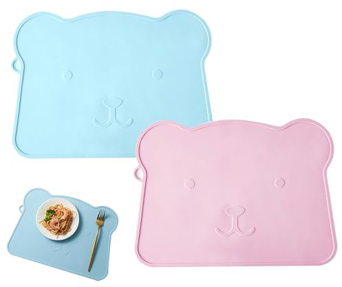 Platzset Silikon, 2 Stück Rutschfestes Tischset Bär, Platzdeckchen Abwaschbar, Tragbare Knetunterlage für Esstisch und Restaurants, Blau und Rosa