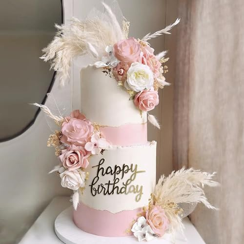33 PCS Boho Cake Topper Decorations Vintage Artificial Rose Flowers Leaves Various Dried Pampas Grass for Cake Decorating Kit for Wedding Bridal Birthday Party Supplies (Pink)
