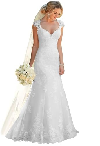 JIAJUPA Tulle Mermaid Wedding Dresses for Bride Spaghetti Tulle Applique Bridal Evening Party Ball Gowns White Size 6