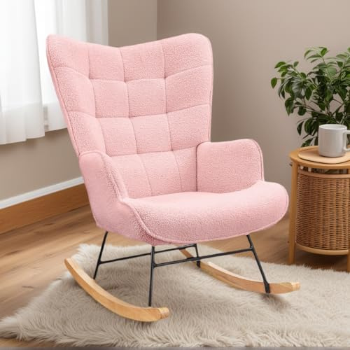 WOBOPCG Schaukelstuhl, Schaukelstuhl mit hoher Rückenlehne, Wippstuhl, gepolstert, mit Beinen aus Holz, Metall, Schaukelsessel für Wohnzimmer, Schlafzimmer (Velours, Rosa)