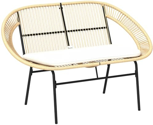 Outsunny - Banco de jardín 2 plazas estilo Acapulco, acero con respaldo y cojín, para balcón, terraza o patio, 126 x 72 x 83 cm, color caqui