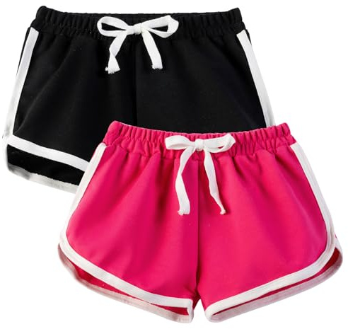 JinBei Pantalones Cortos para Niña, Pack de 2, Verano Cintura Elástica Transpirables Shorts Activos Correr Ciclismo Shorts Pantalones Niños Deportivos Ropa 6-7 Años, Rosa Negro