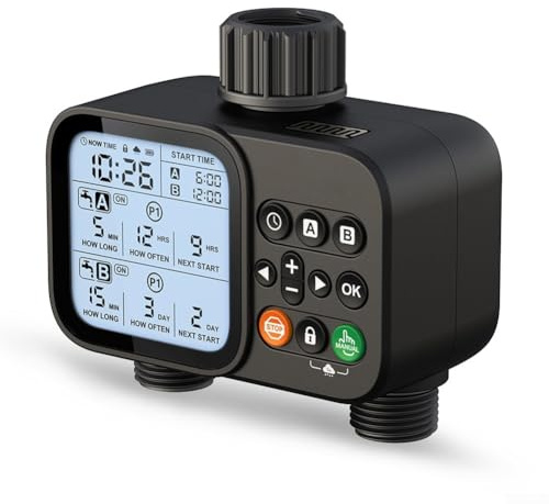 Zilimontt Water Timer 2 Zones, Smart Water Timers for Irrigation, Remote Control Sprinkler Hose Timer, Automatic Manual Watering, Rain Delay for Lawn & Garden