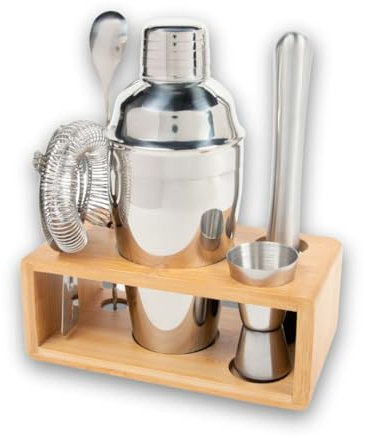 Set di shaker per cocktail con supporto in bambù, kit di 4 attrezzi da bar, in acciaio inox, con shaker, misurino, cucchiaio per mescolare e colino