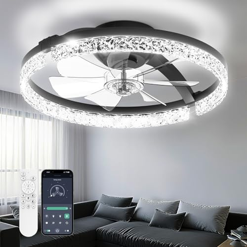 Aphyni Ceiling Fans with Lights and Remote,6 Speeds Quiet LED Ceiling Fan Light,Dimmable 3000K-6500K Smart Modern Fan Lights for Living Room Bedroom Dining Room, Black-Crystal