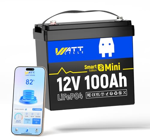 WattCycle 12V 100Ah Mini LiFePO4 Bluetooth, 1280Wh Lithium Batterie 12V | 100A BMS Low Temperature Schutz,und Max. 15000 Zyklens für Wohnmobil,Solaranlage,Wohnwagen