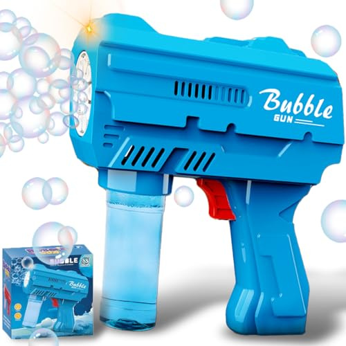 Kids Automatic Bubble Gun LED Light & Refill Solution – Leakproof Bubble Blaster, Outdoor Toys Toddlers 3-8, Birthday Gift, Easter Stuffer, Wedding & Party Supplies (Blue)