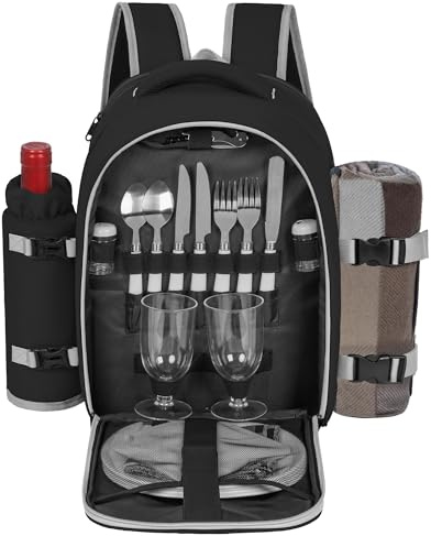 FREEAMG Zaino da Picnic per 2 Persone con Scomparti Refrigeranti Isolati e Impermeabili, 18 Pezzi Borsa da Picnic con Set e Coperta, per Spiaggia, Campeggio, Escursionismo (Nero)
