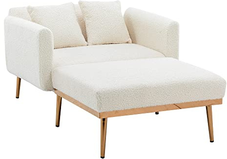 Modern bäddsoffa med sovfunktion, loungefåtölj, enkel soffa med justerbart ryggstöd och kudde, liten soffa soffa för lägenheter vardagsrum, 165 × 90 × 77 cm (vit + nallesammet)