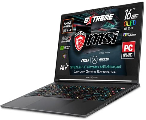 msi Notebook Stealth A16 Mercedes AMG AI+, 16″ OLED QHD+ 240hz | AMD Ryzen AI 9 HX370, DDR5 32 Gb, GeForce RTX 5070, 2Tb SSD, Win11, lega di magnesio e alluminio, AMG exclusive pack, Italia