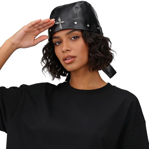 MILAKOO Studded Leather Biker Cap Punk Rock Headwear Bandana for Women Men Cross Skull Accessories Gothic Hat