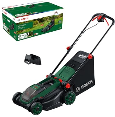 Bosch Cordless Lawn Mower ROTAK18V2-38 (Cutting Width: 38 cm, Height of Cut: 30-75 mm, 40 l Fabric Grass Bag, Mulch Plug, Without Battery)