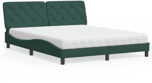 Bucmath Säng med madrass mörkgrön 160 x 200 cm sammet, vågformsdesign, komfortskummadrass H2/H3, för sovrum, Piran