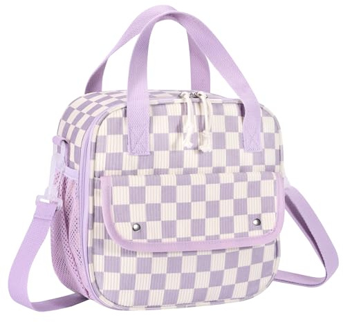 HowFly Corduroy Lunch Bag for Women - 6.3L Reusable Insulated Kid Lunch Box Cooler Tote Bags with Adjustable Strap for School, Purple-Beige Check