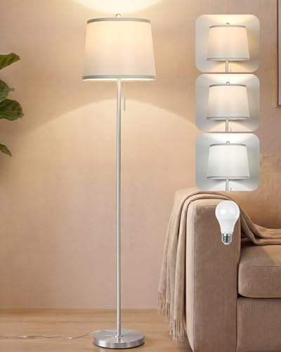 JUNNAI Stehlampe Wohnzimmer Modern, mit Lampenschirm, Silber Standleuchte | mit 9W E27 Birne, 3 Farbtemperatu, Reißverschluss‑Schalter, 160CM Stehleuchte Standleuchte für Wohnzimmer Schlafzimmer Büro