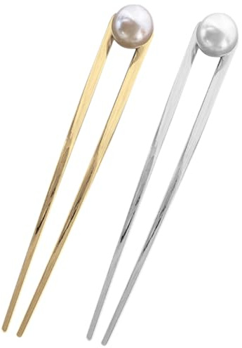 JOINPAYA Lot de 2 Fourchettes à Chignon en Métal Doré et Argenté, Grandes Baguettes à Cheveux U-forme Perles, Accessoires Coiffure pour Femmes et Adolescentes, Épingles à Cheveux Élégantes