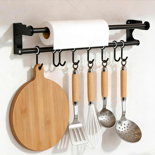 HECHKJ Barre de Ustensiles Suspension 40 cm, Porte-Ustensiles Mural avec 8 Crochets Déplaçable, Patère de Cuisine Multifonctionnel, avec Instructions, pour Spatules, Planches à Découper, Cuillères