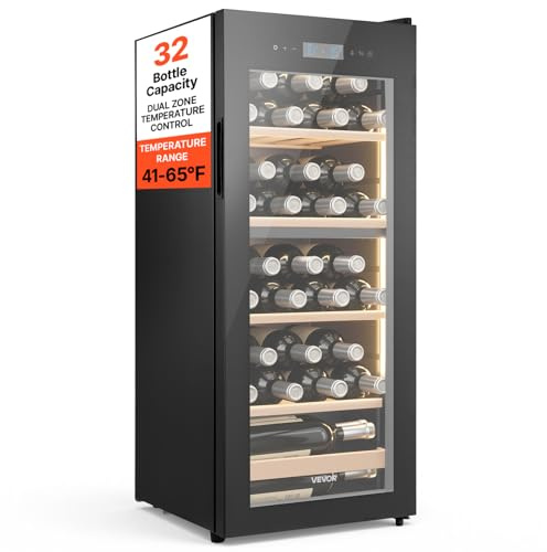 VEVOR Cave à Vin 32 Bouteilles, Cave de Vieillissement Autoportante Double Zone, pour Rouges Blancs Champagnes Effervescents Maison Bar, Frigo à Vin avec Température Réglable 5-18 °C avec Porte Vitrée