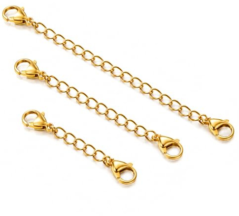 FYHJNC 3 PCS Gold Necklace Extenders, Stainless Steel Chain Extenders with Lobster Claw Buckles, 3 Sizes Jewelry Extensions for Necklaces, Bracelets, Anklets, DIY Jewelry Making