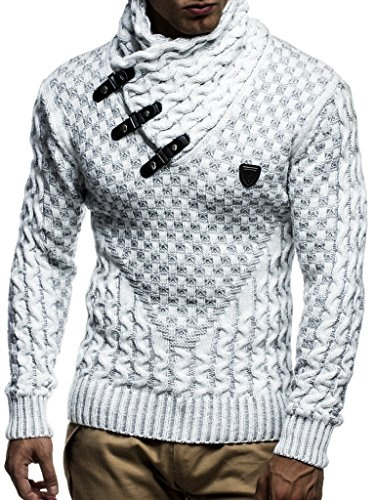 Leif Nelson Pull en maille pour hommes | Haut à manches longues coupe cintrée | Pull basique avec col châle et cuir synthétique, Taille M