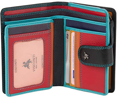VISCONTI ® Leder Geldbeutel Damen RFID Schutz Geldbörse Damen Portemonnaie Bifold Mehrfarbig Portmonee in Geschenk-Box ''Rainbow''(RB51 Black Multi)