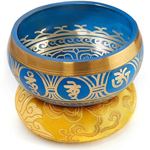 Tibetische Klangschale Set, mit Klöppel und Klangschalenkissen in Loktapapier Geschenk-Box. Singing Bowl aus Tibet (Horizon Blue)