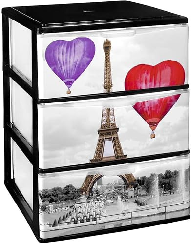 COM-FORT HOUSE Stapelbarer Kommode aus Kunststoff, Modell Iris, 3 Schubladen, mit Dekoration Paris (380 x 370 x 473 mm)