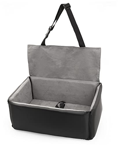 Hunde Autositz mit Sitzbezug | Autositz für Mittlere und Große Hunde | Rückbank, Beifahrersitz | Hundebett, Hundetasche | Kunstleder, Wildlederimitat | Farbe: Schwarz/Grau | Große: M (60x41 cm)